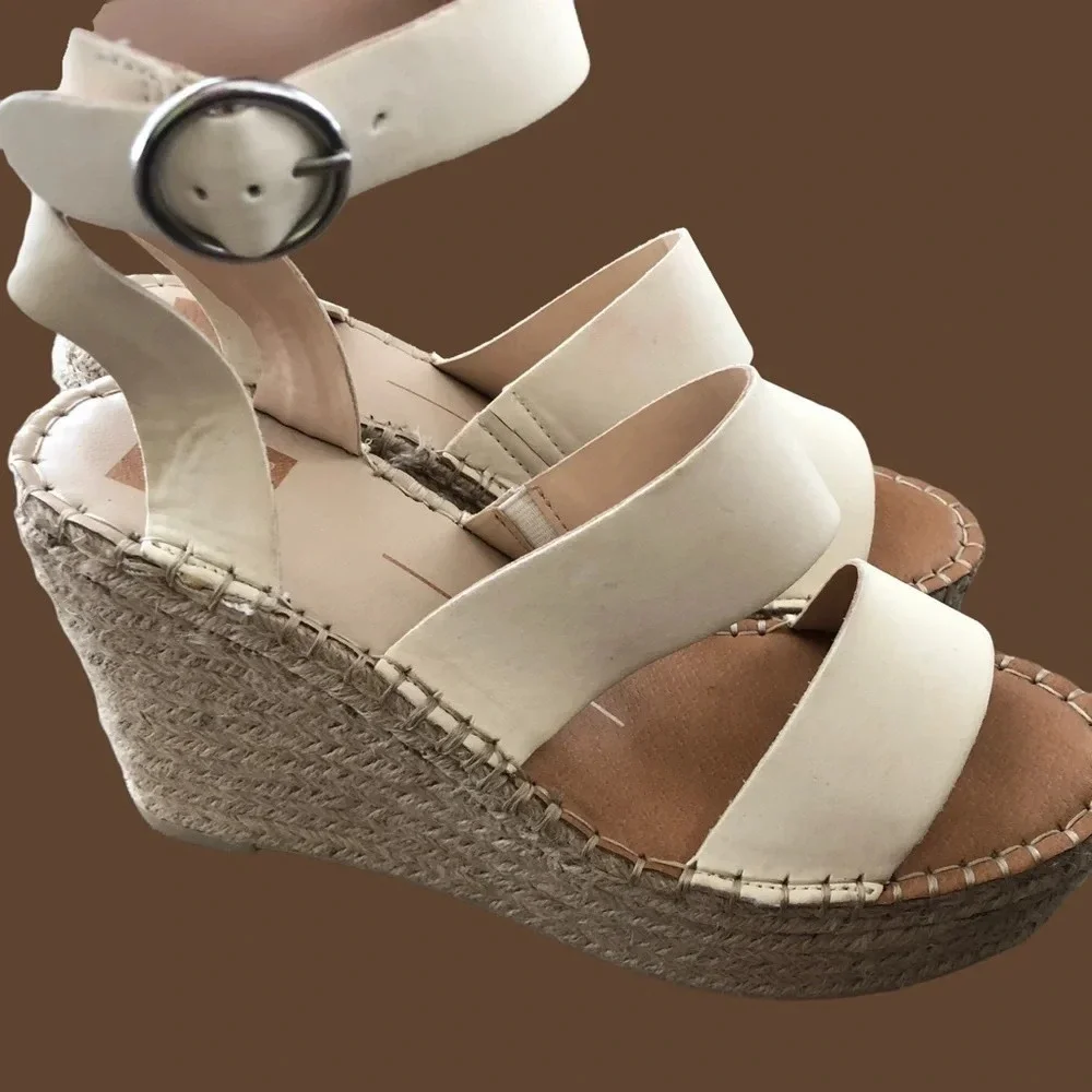 Dolce Vita Womens 10 Cream‎ Leather Espadrille Wedge Sandals Summer 4.5” Heel
